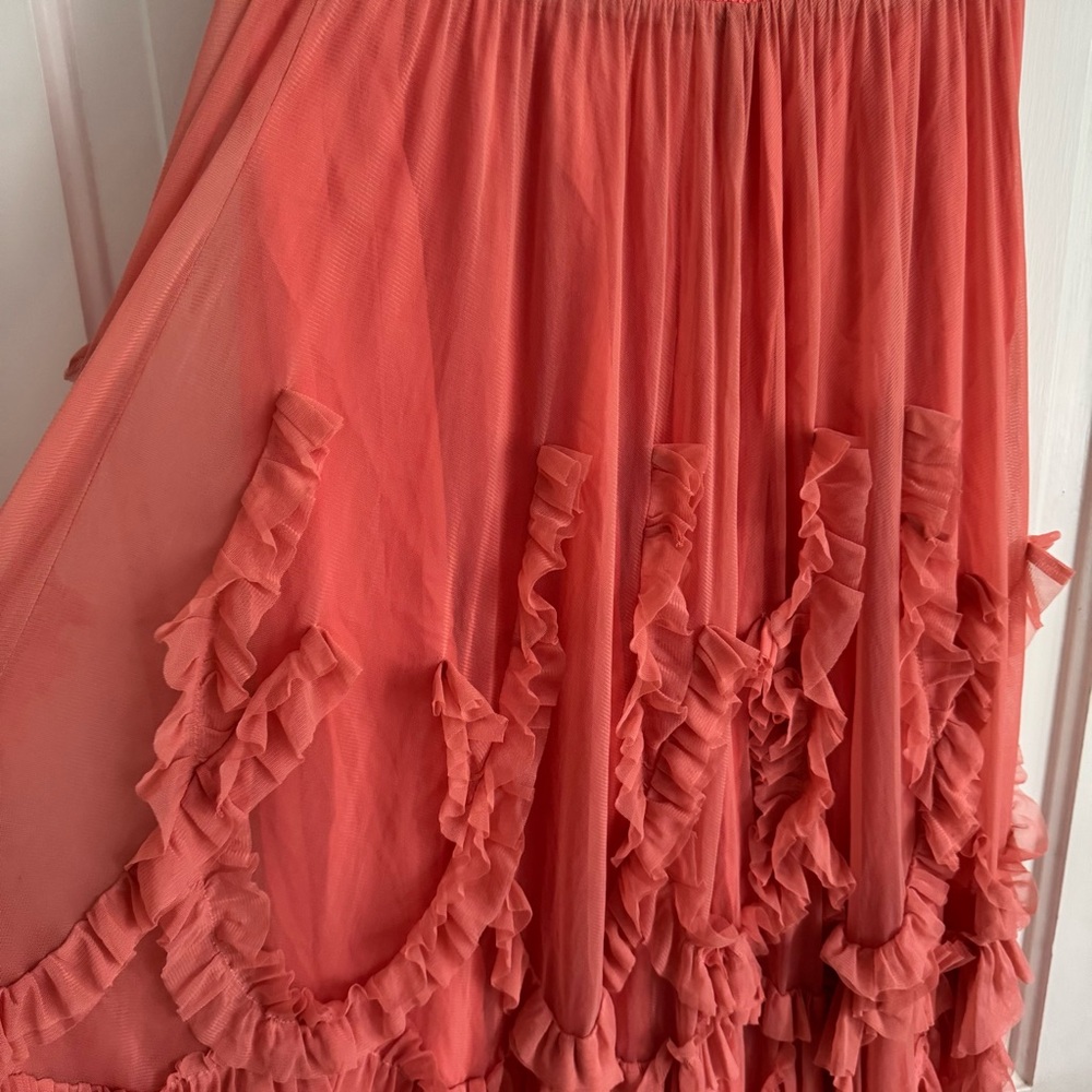 Anthro ruffle tulle & mesh midi skirt, gorgeous coral color, elastic waist, NWOT - Picture 7 of 13